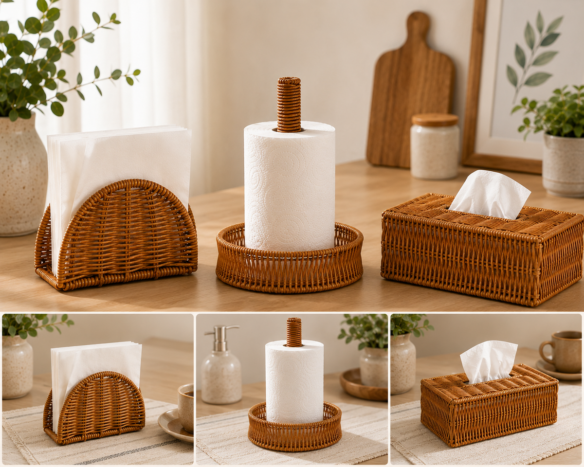 3'lü Doğal Hasır Görünümlü Rattan Mutfak Düzenleyici Seti