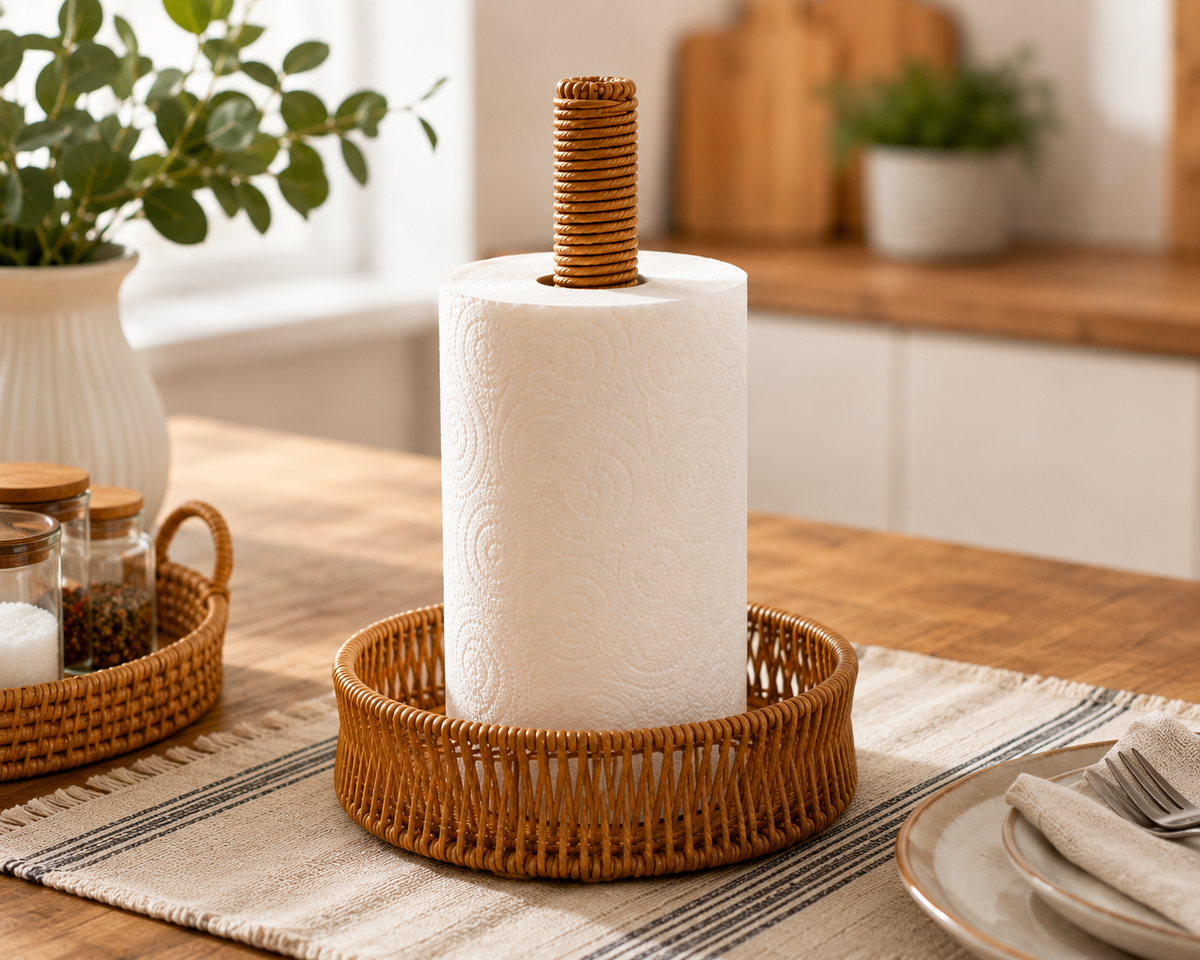 Doğal Rattan Kağıt Havluluk Masaüstü Havlu Standı Dekoratif Havluluk