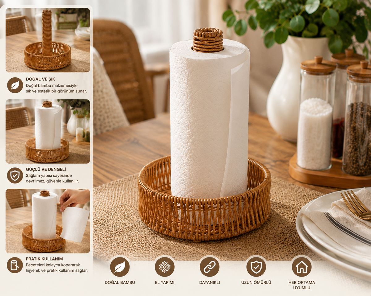 Doğal Rattan Kağıt Havluluk Masaüstü Havlu Standı Dekoratif Havluluk