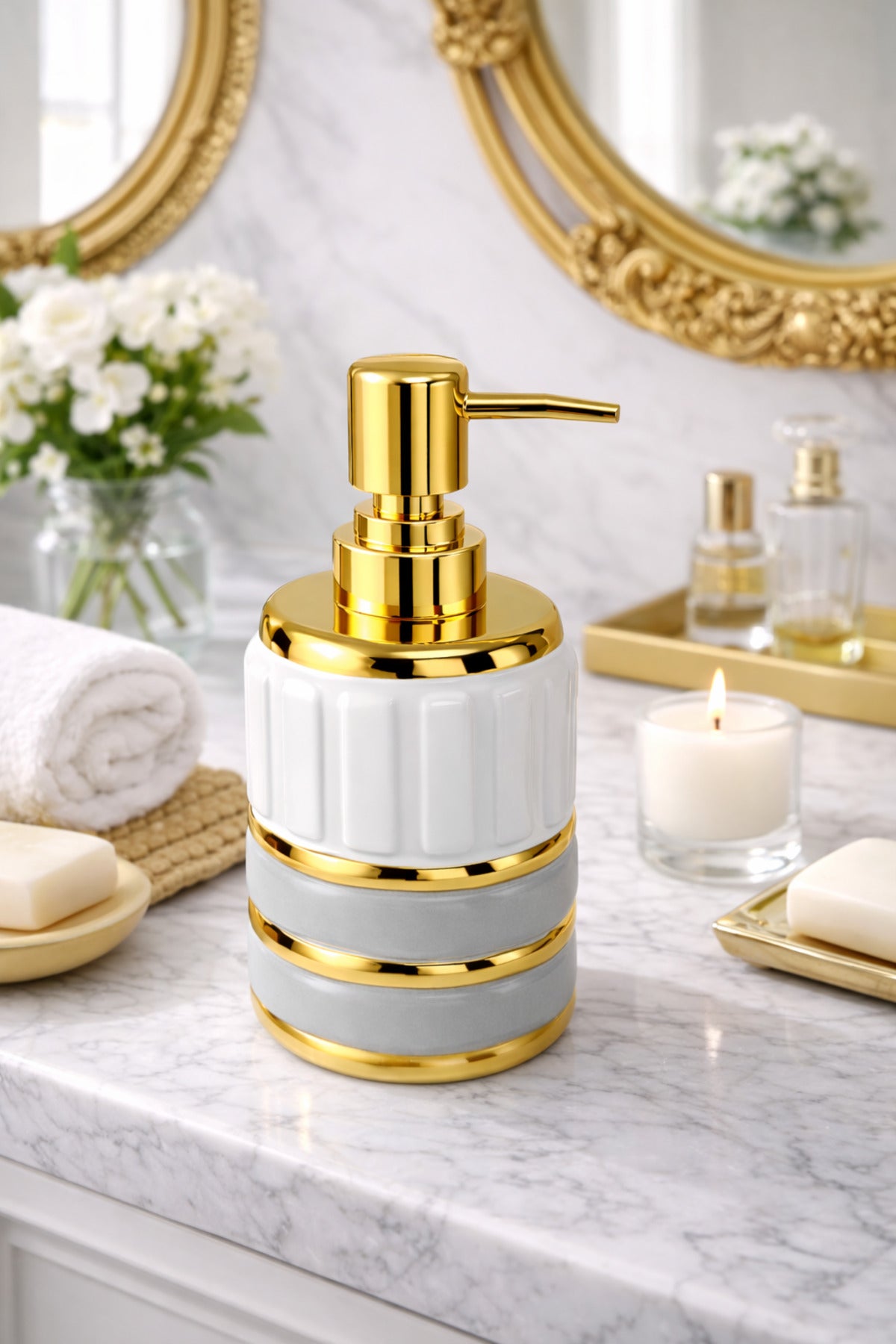ELEGANCE Gold Detaylı Beyaz Porselen Sıvı Sabunluk – Evye Üstü Banyo Kullanımına Uygun Lüks Tasarım