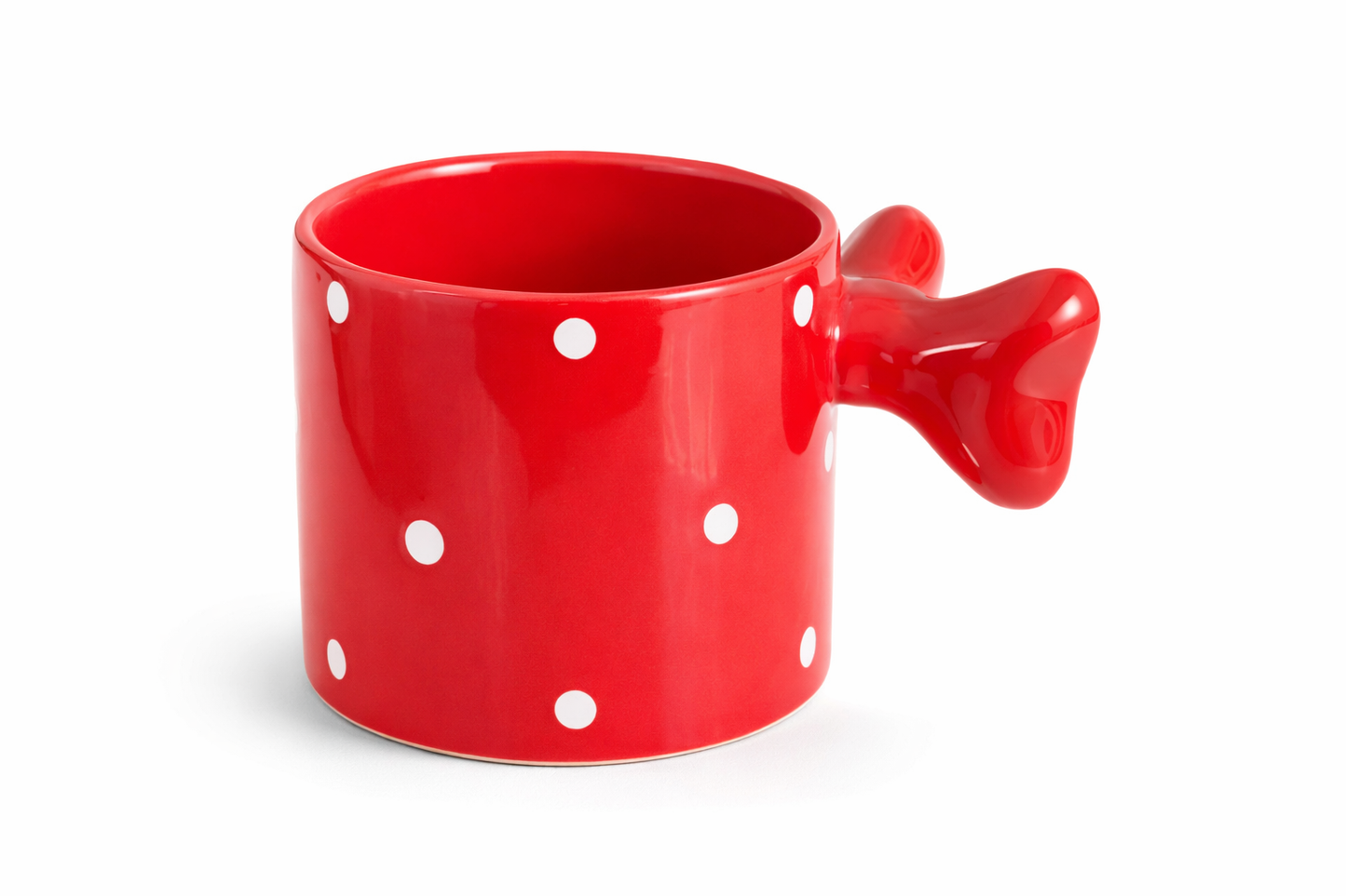 Fiyonklu Kırmızı  Puantiyeli Seramik Kahve Kupası – 3D Kulplu Tasarım Mug Bardak