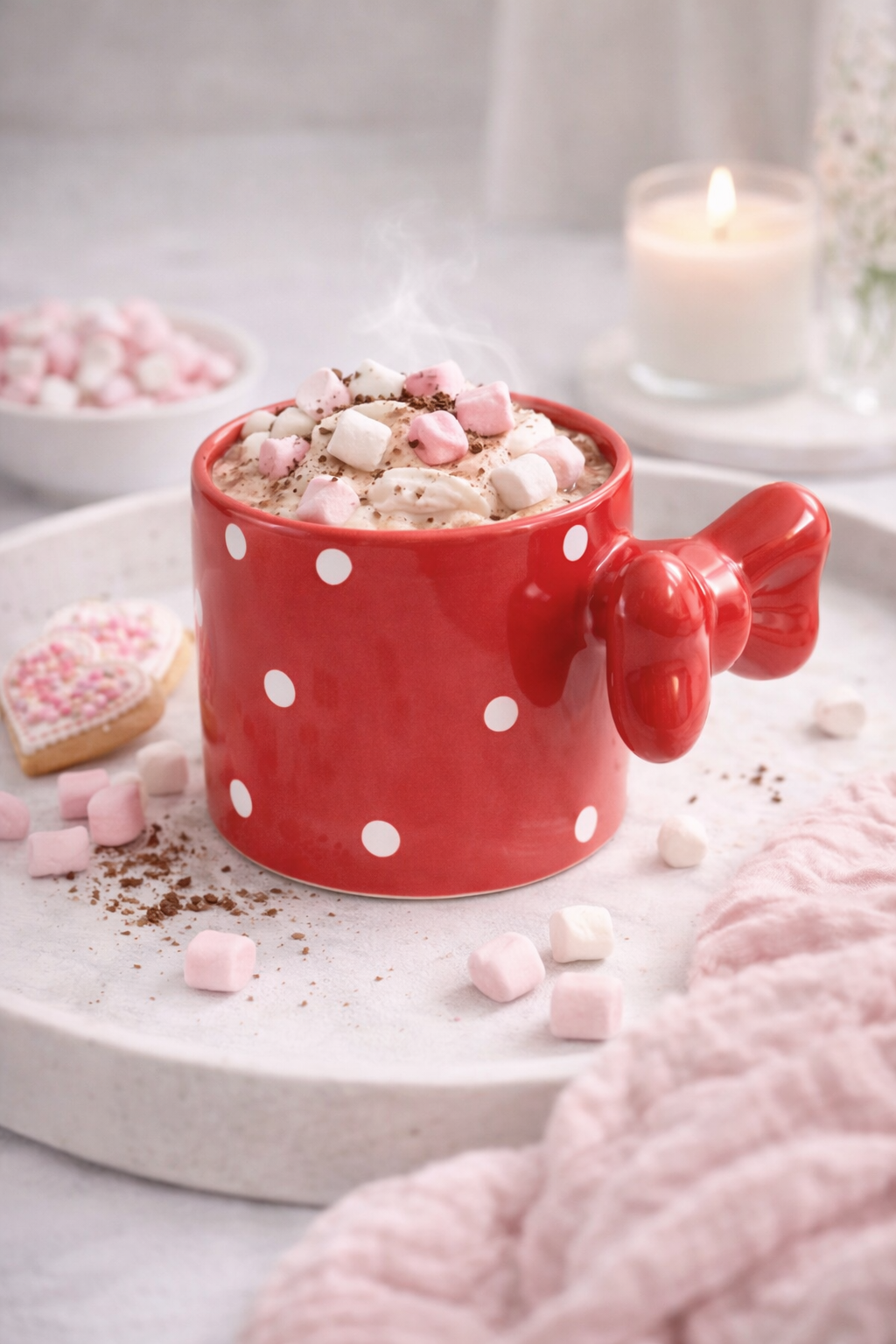 Fiyonklu Kırmızı  Puantiyeli Seramik Kahve Kupası – 3D Kulplu Tasarım Mug Bardak