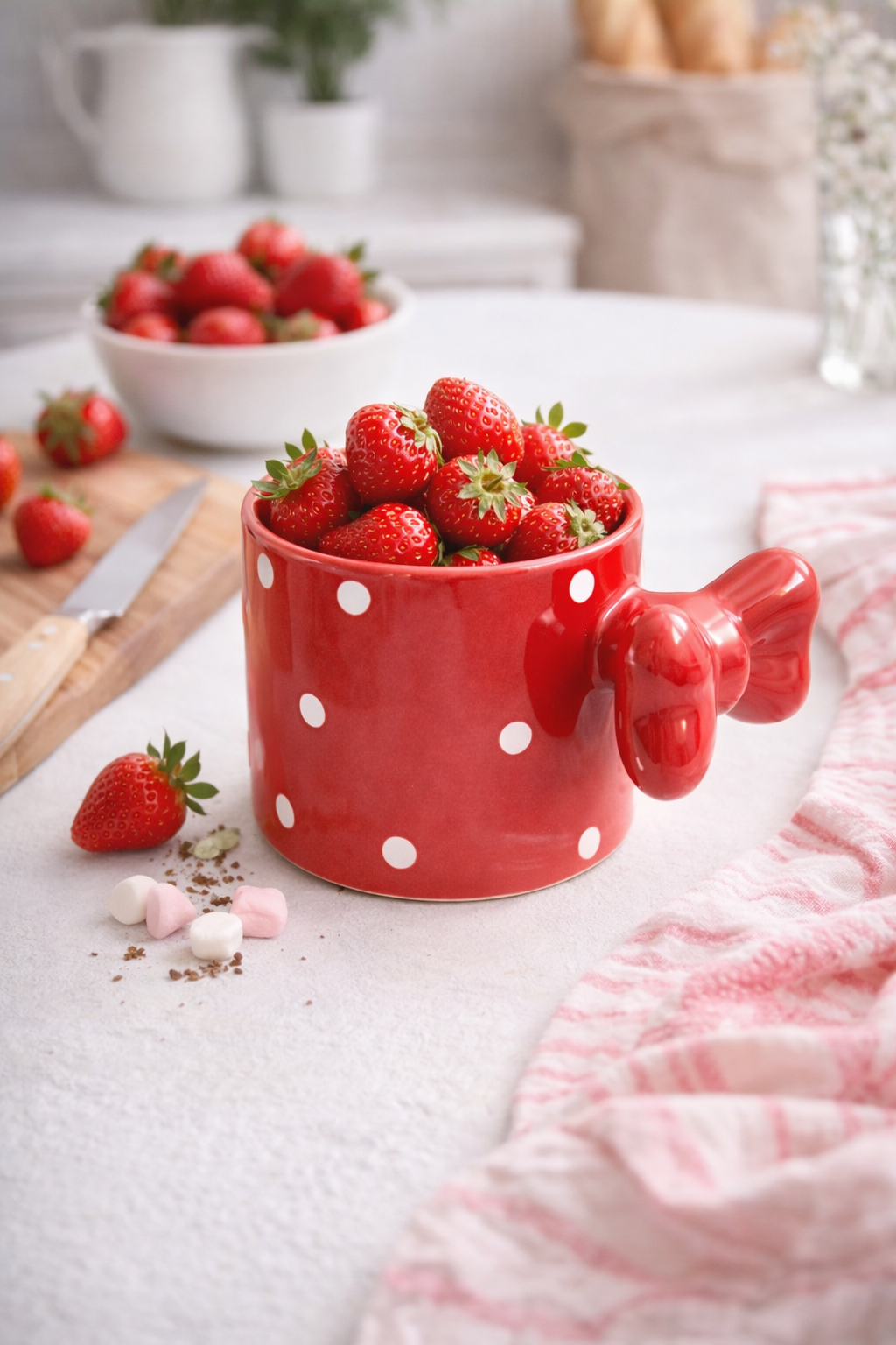 Fiyonklu Kırmızı  Puantiyeli Seramik Kahve Kupası – 3D Kulplu Tasarım Mug Bardak