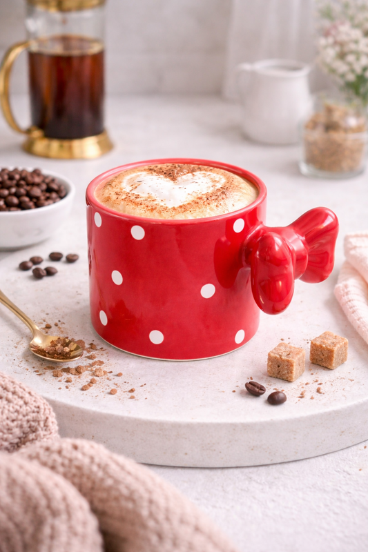 Fiyonklu Kırmızı  Puantiyeli Seramik Kahve Kupası – 3D Kulplu Tasarım Mug Bardak