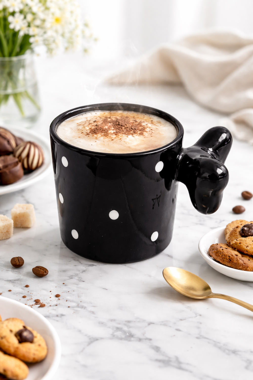 Fiyonklu Siyah Puantiyeli Seramik Kahve Kupası – 3D Kulplu Tasarım Mug Bardak