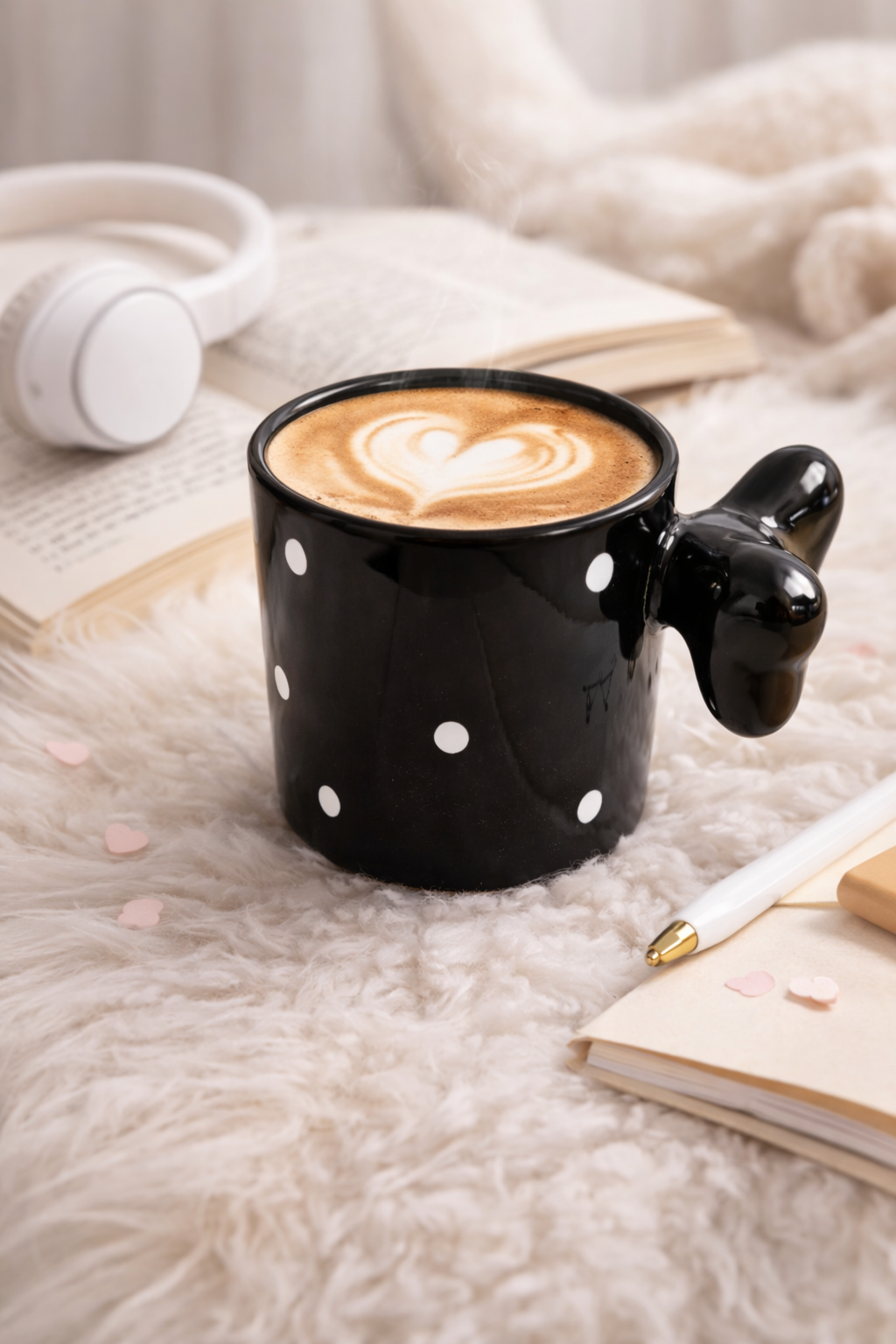 Fiyonklu Siyah Puantiyeli Seramik Kahve Kupası – 3D Kulplu Tasarım Mug Bardak