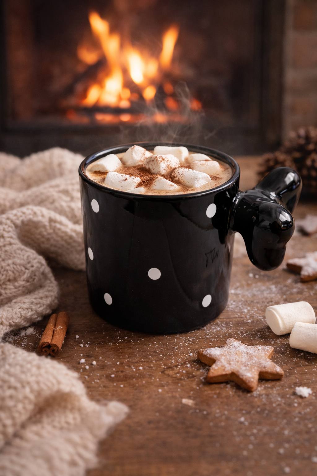Fiyonklu Siyah Puantiyeli Seramik Kahve Kupası – 3D Kulplu Tasarım Mug Bardak