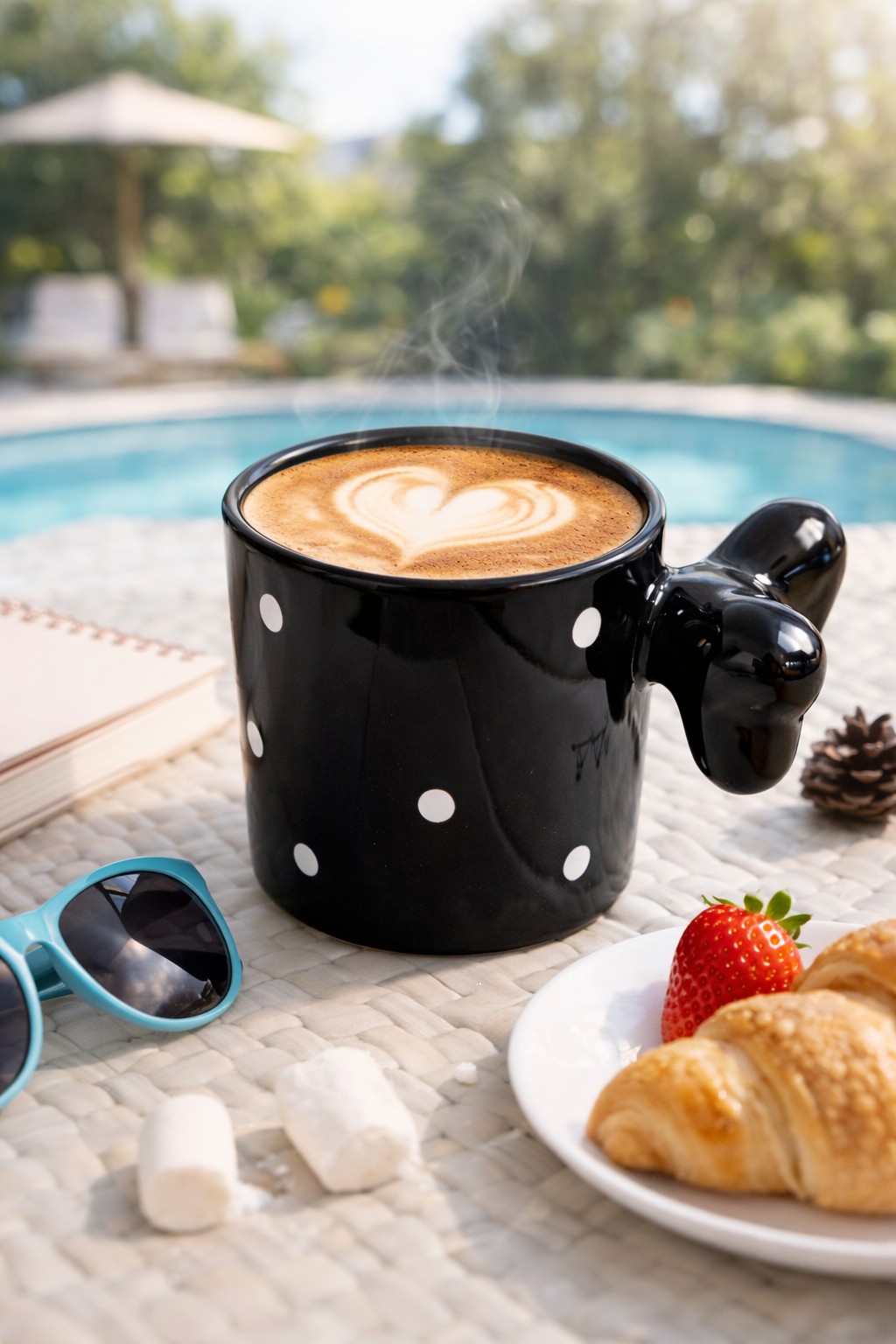 Fiyonklu Siyah Puantiyeli Seramik Kahve Kupası – 3D Kulplu Tasarım Mug Bardak