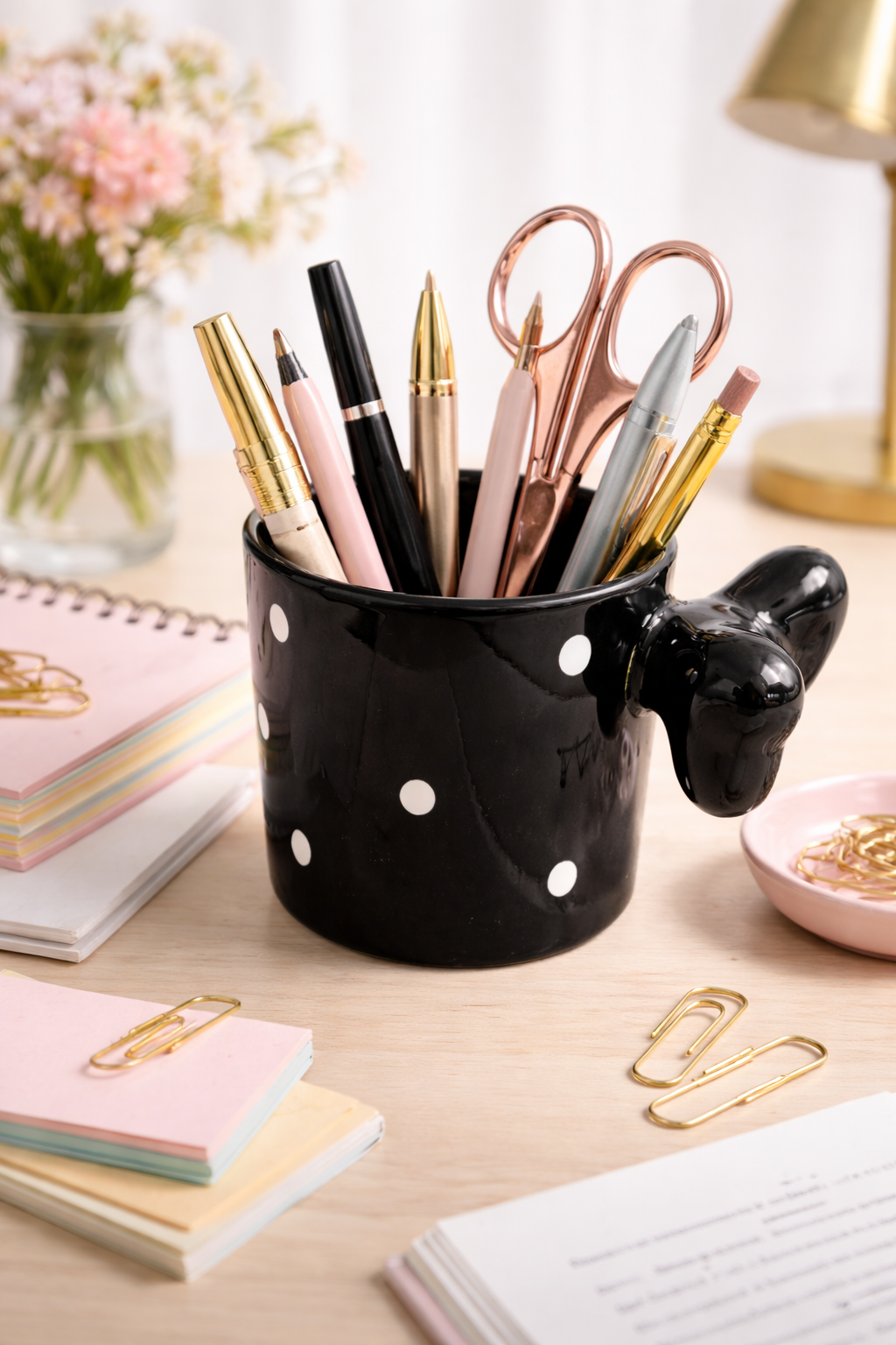 Fiyonklu Siyah Puantiyeli Seramik Kahve Kupası – 3D Kulplu Tasarım Mug Bardak