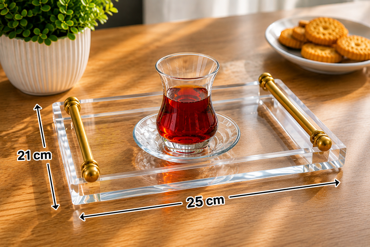 Gold Kulplu Şeffaf Akrilik Kahve Sunum Tepsisi Modern Pleksi Servis Tepsisi