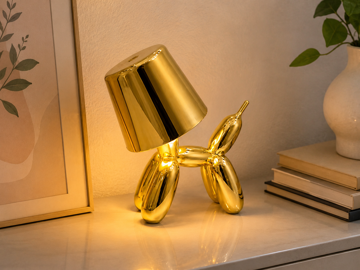 Gold Balon Köpek LED Masa Lambası – Dekoratif Gece Lambası – Modern Masa Üstü ve Komodin Aydınlatma