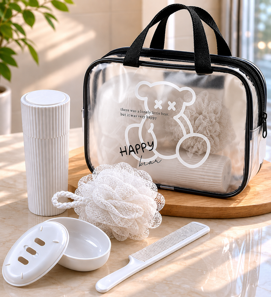 HAPPY BEAR Seyahat Seti | Şeffaf Organizer Çanta ile Duş Lifi, Sabunluk, Tarak