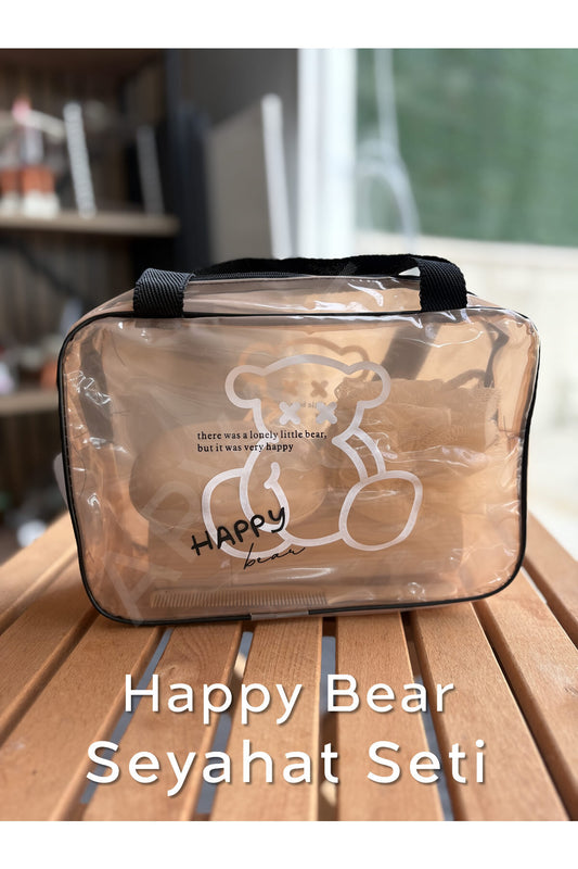 HAPPY BEAR Seyahat Seti | Şeffaf Organizer Çanta ile Duş Lifi, Sabunluk, Tarak