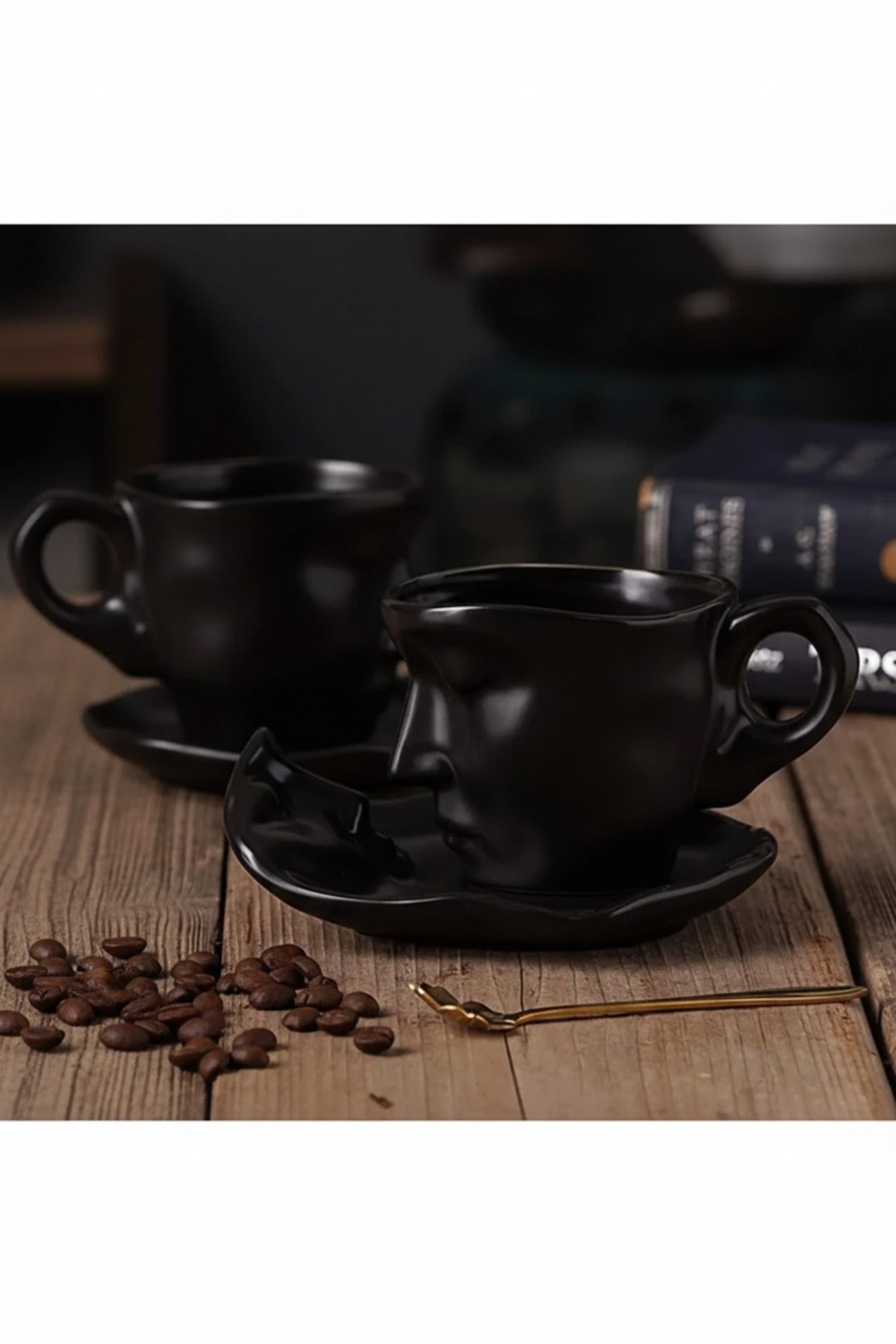 İskandinav 110 ml 2 Set Yüz Şekilli  Siyah Kupa Seti (4 Parça) Kahve Fincan Takımı
