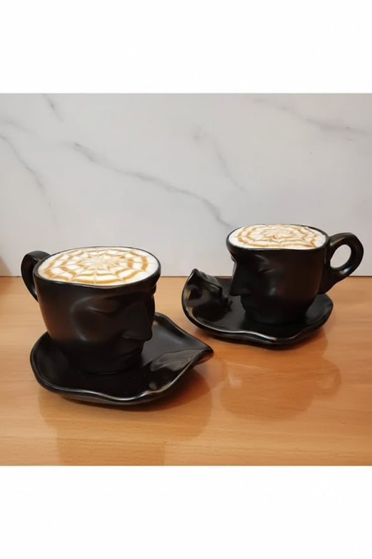 2 Set (4 Parça) 260 ml İskandinav Yüz Şekilli Fincan Takımı Siyah - Kupa Kahve Fincan Takımı
