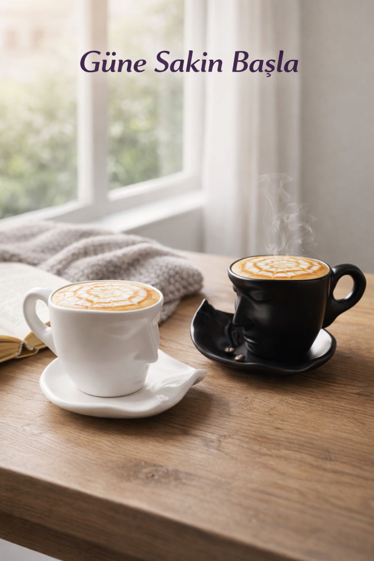 2 Set (4 Parça) 260 ml İskandinav Yüz Şekilli Fincan Takımı Siyah-Beyaz - Minimal Tasarım