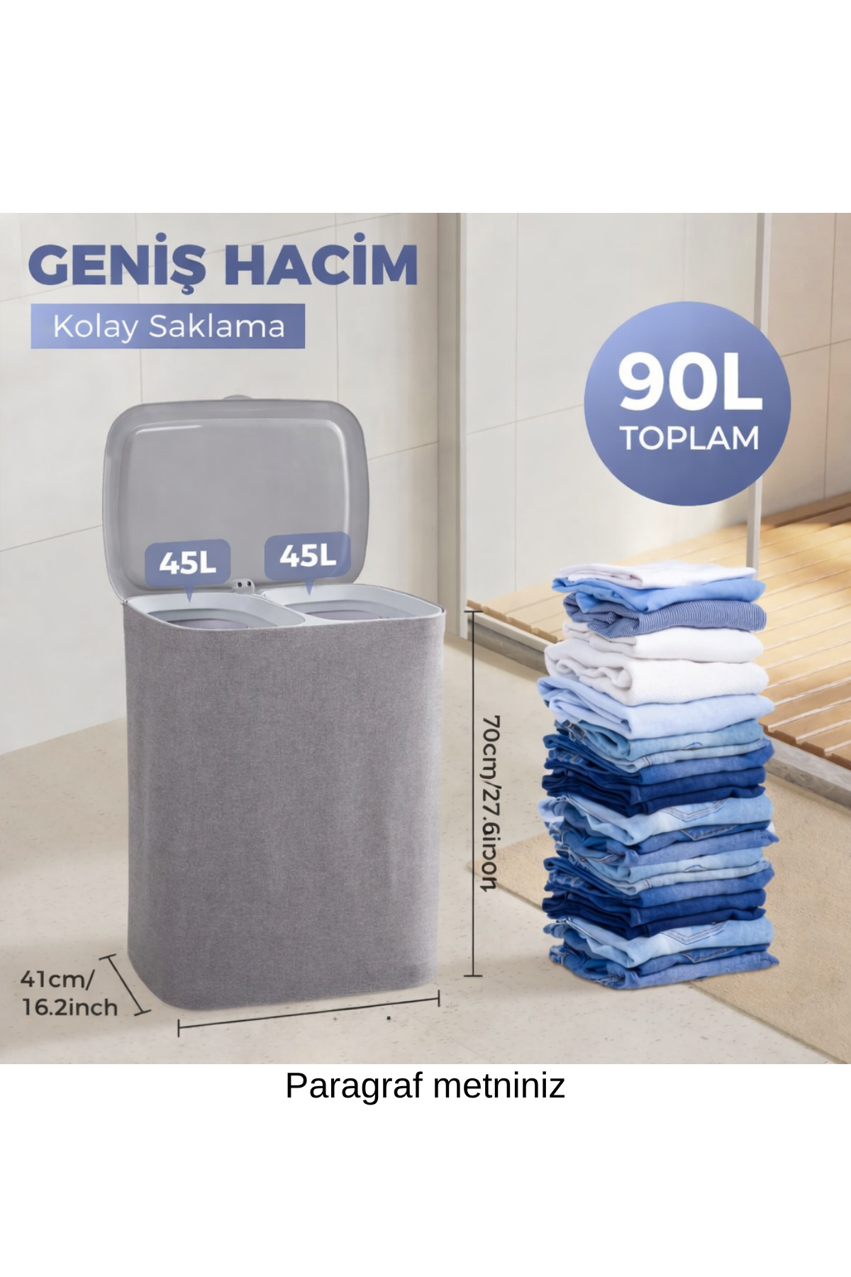 Katlanabilir Çift Bölmeli Kirli Çamaşır Sepeti 90L Gri Kapaklı Çamaşır Kutusu