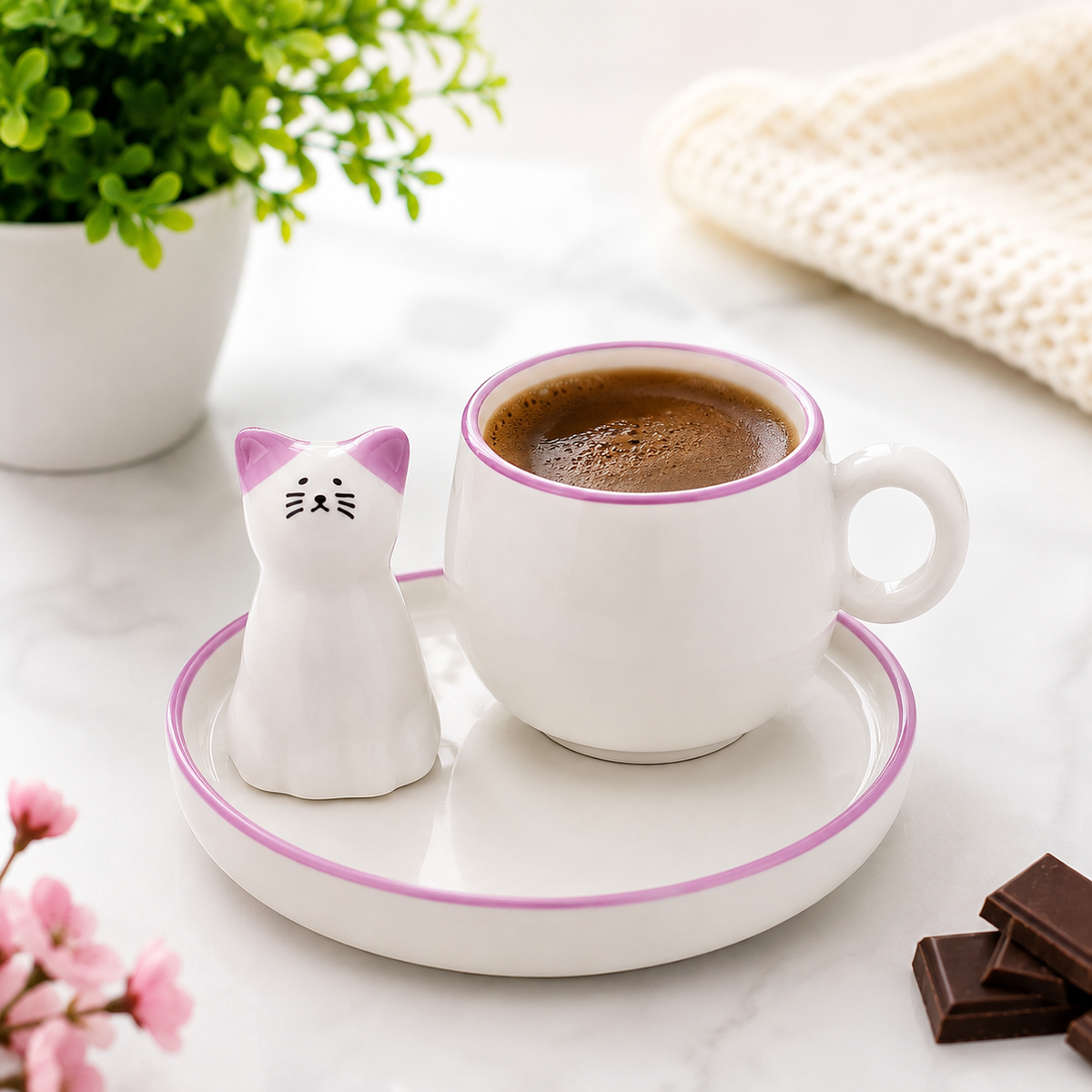 Kedi Figürlü Lila Renk Seramik Espresso Fincanı ve Tabak Seti – Sevimli Tasarım Mini Kahve Fincanı