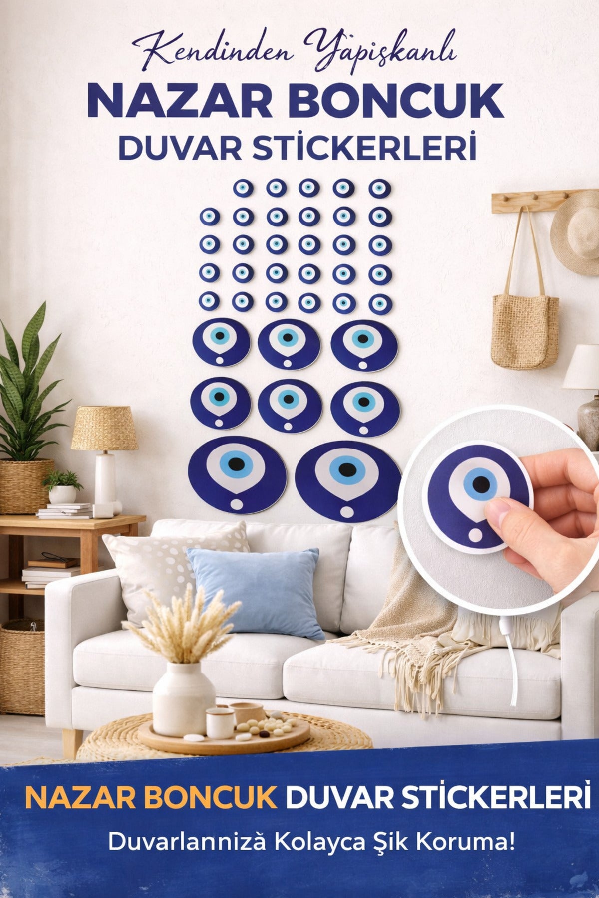 Kendiliğinden Yapışkanlı Nazar Boncuklu Karışık Duvar Kağıdı Sticker - 5 Boyutlu Duvar Dekarasyon