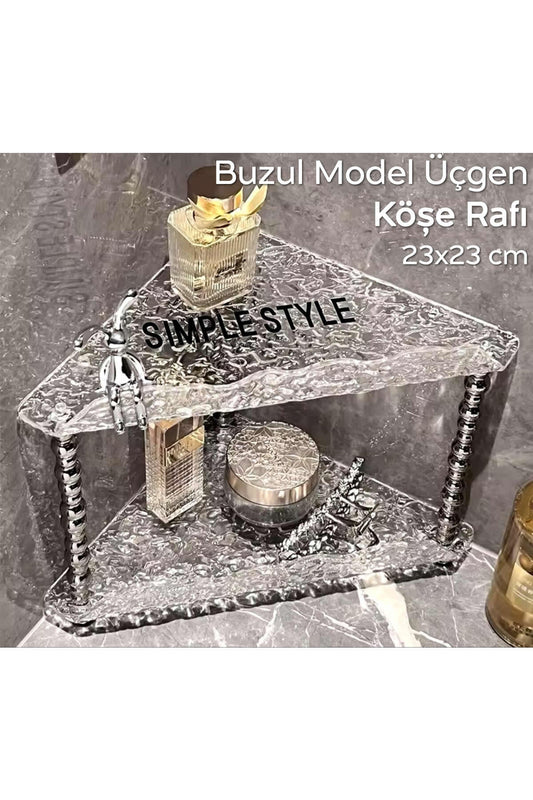 Kırık Cam Desenli Şeffaf 2 Katlı Köşe Rafı Dekoratif Model | 23x23 Cm