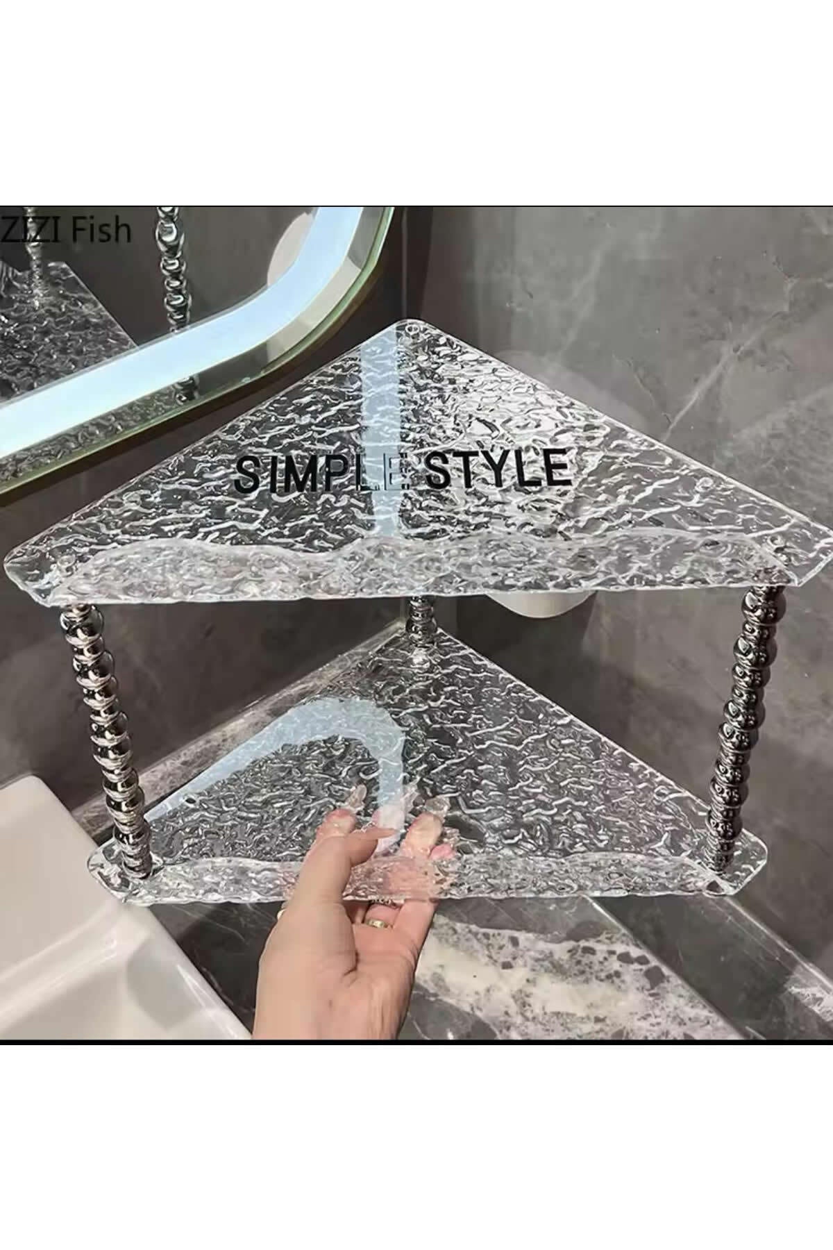 Kırık Cam Desenli Şeffaf 2 Katlı Köşe Rafı Dekoratif Model | 23x23 Cm