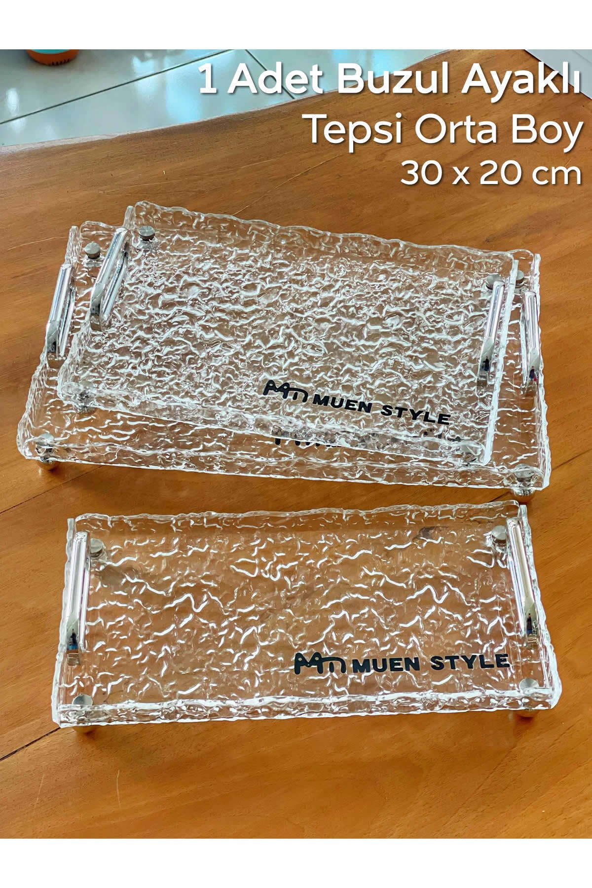 Kırık Cam Desenli Şeffaf Tepsi Dekoratif Ayaklı Akrilik Model | Orta Boy - 30 X 20 Cm