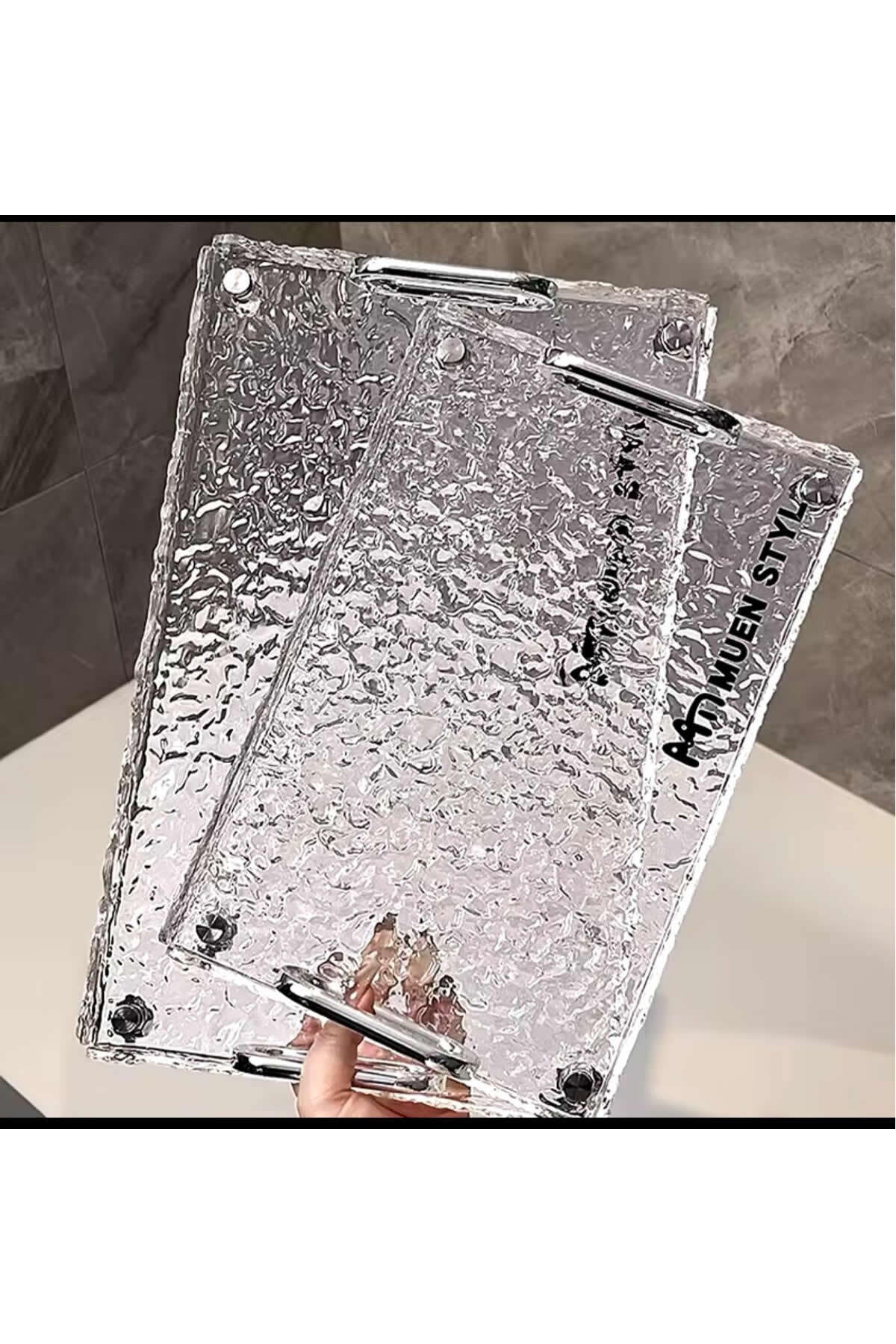 Kırık Cam Desenli Şeffaf Tepsi Dekoratif Ayaklı Akrilik Model | Orta Boy - 30 X 20 Cm