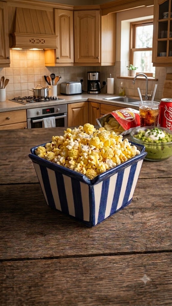 Mavi Beyaz Çizgili Seramik Popcorn Kasesi - Patlamış Mısır & Cips Kasesi, Sinema Gecesi Sunumluğu