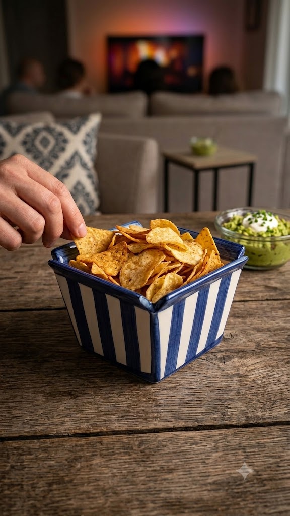 Mavi Beyaz Çizgili Seramik Popcorn Kasesi - Patlamış Mısır & Cips Kasesi, Sinema Gecesi Sunumluğu