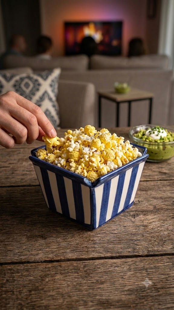 Mavi Beyaz Çizgili Seramik Popcorn Kasesi - Patlamış Mısır & Cips Kasesi, Sinema Gecesi Sunumluğu