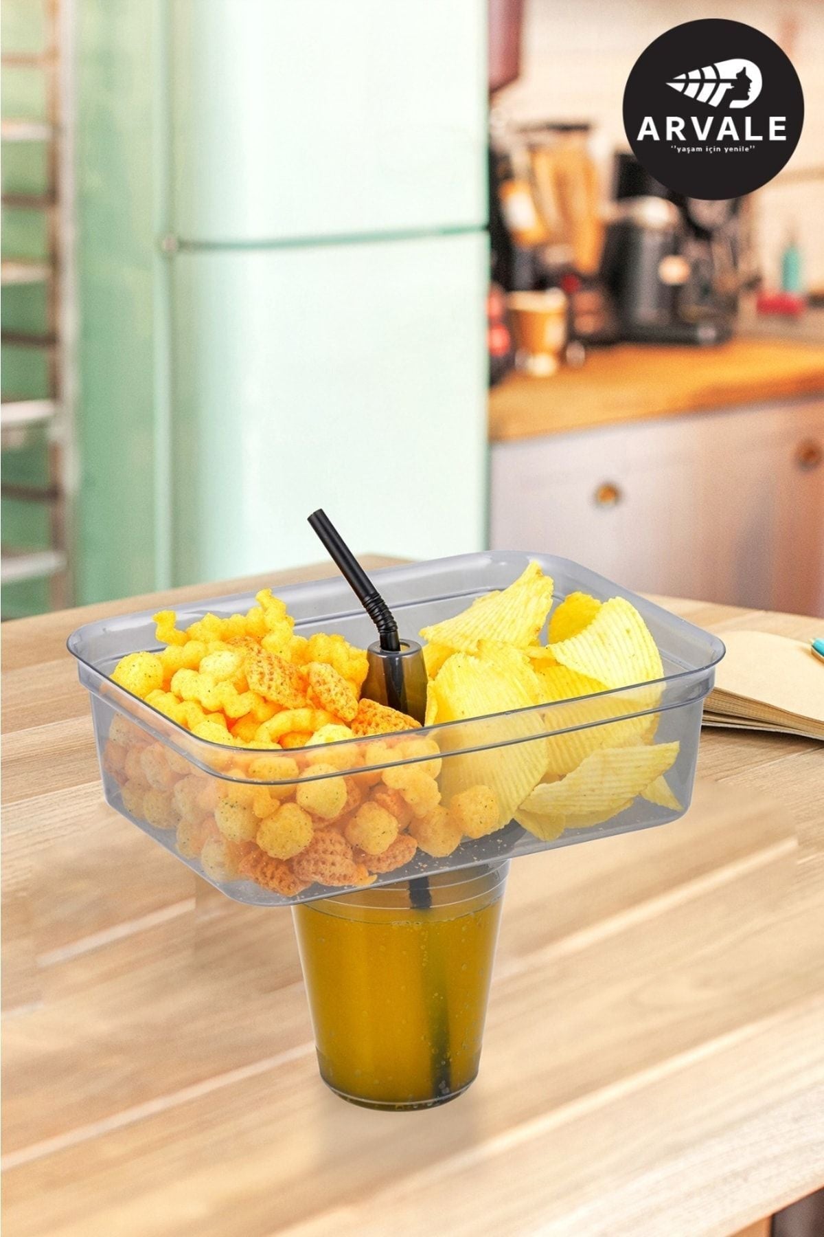Köşeli Dikdörtgen Pipetli Bardaklı Mısır Cips Kovası Bardak Seti | Bardaklı Cips Mısır Kovası Platin