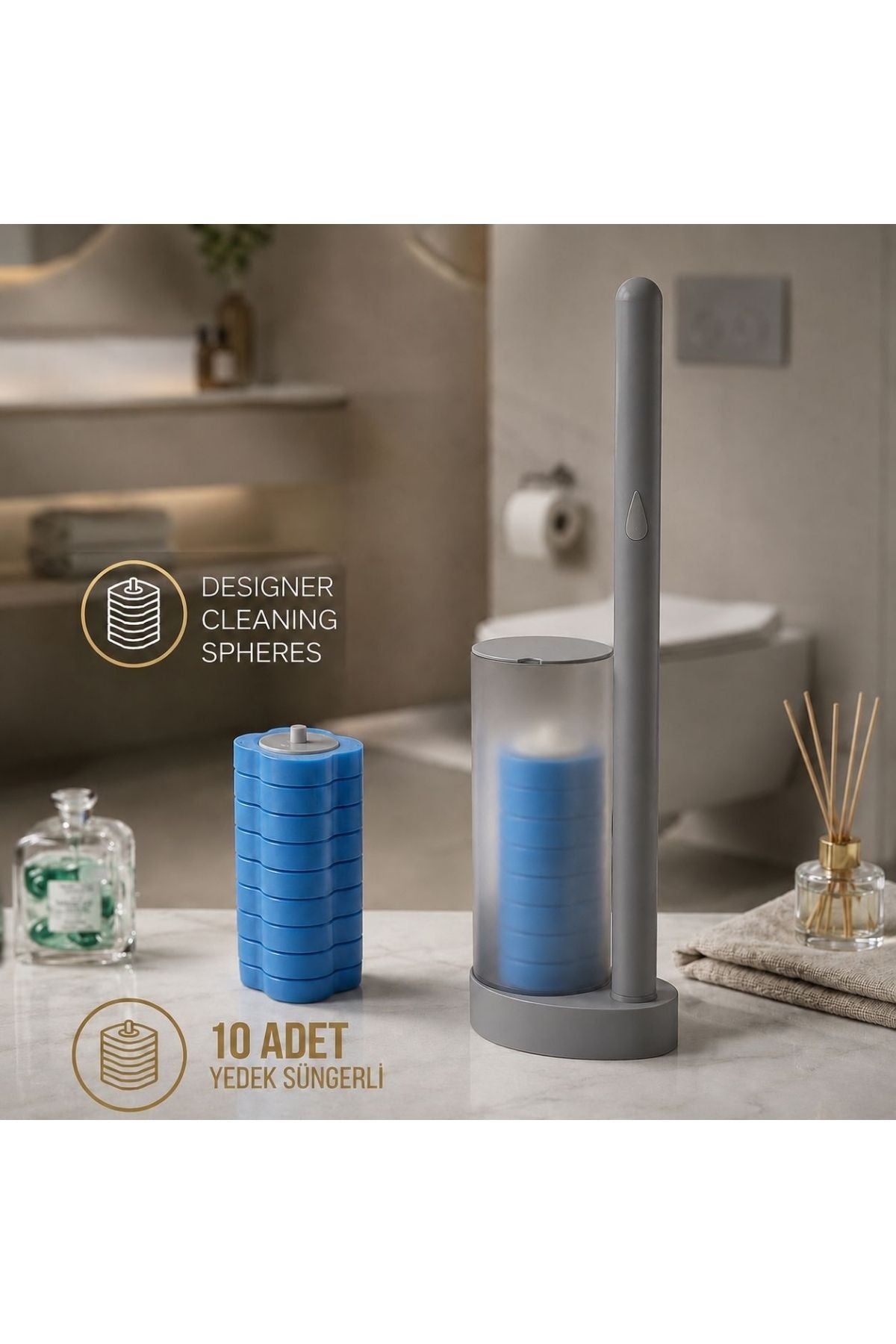 Kullan At Başlıklı Klozet Temizleme Seti - 10 Adet Mavi Ferahlık Süngeri & Transparan Stand