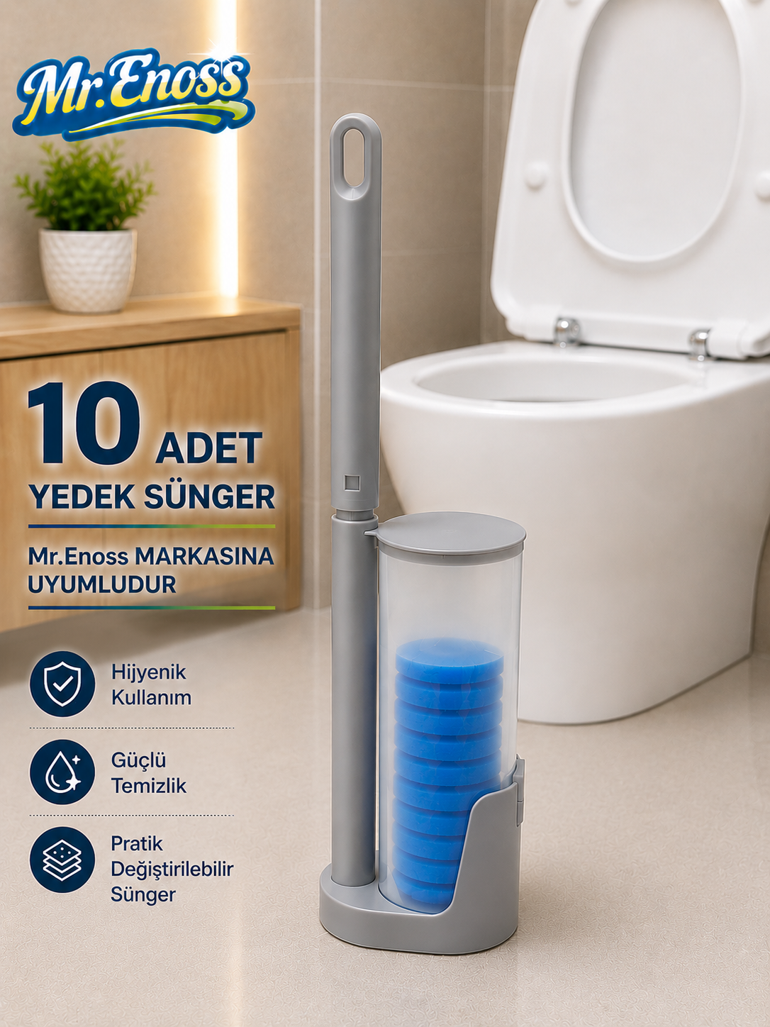 Kullan At Başlıklı Klozet Temizleme Seti - 10 Adet Mavi Ferahlık Süngeri & Transparan Stand