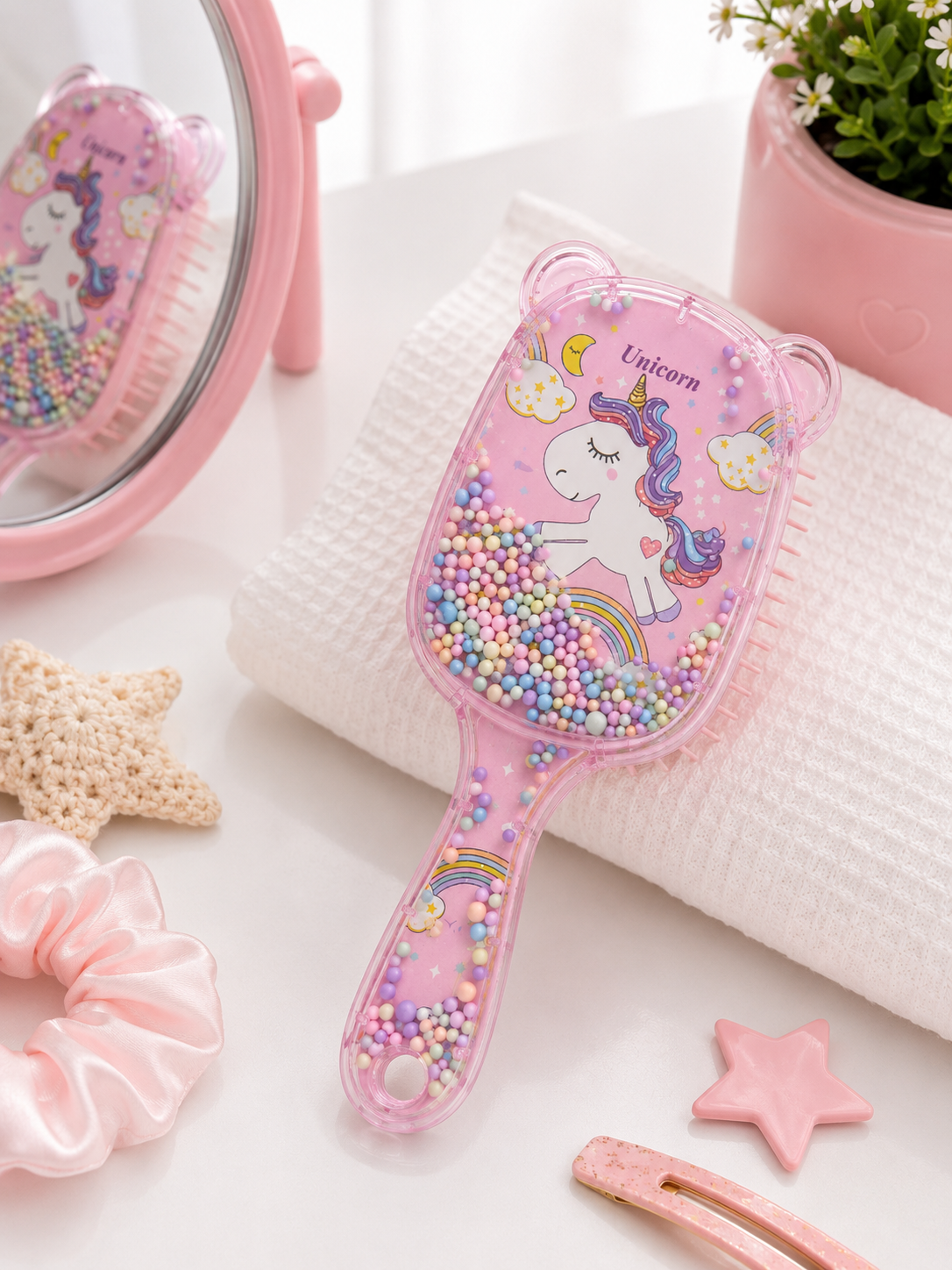 Unicorn Desenli Çocuk Saç Tarağı | Boncuklu Dolaşık Açıcı Saç Fırçası | Kız Çocuk Tarak