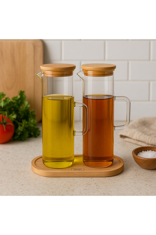 Lavino 3 Parça 400 ML Borosilikat Yağlık - Bambu Altlık Ve 2 Adet Bambu Kapaklı Cam Yağdanlık
