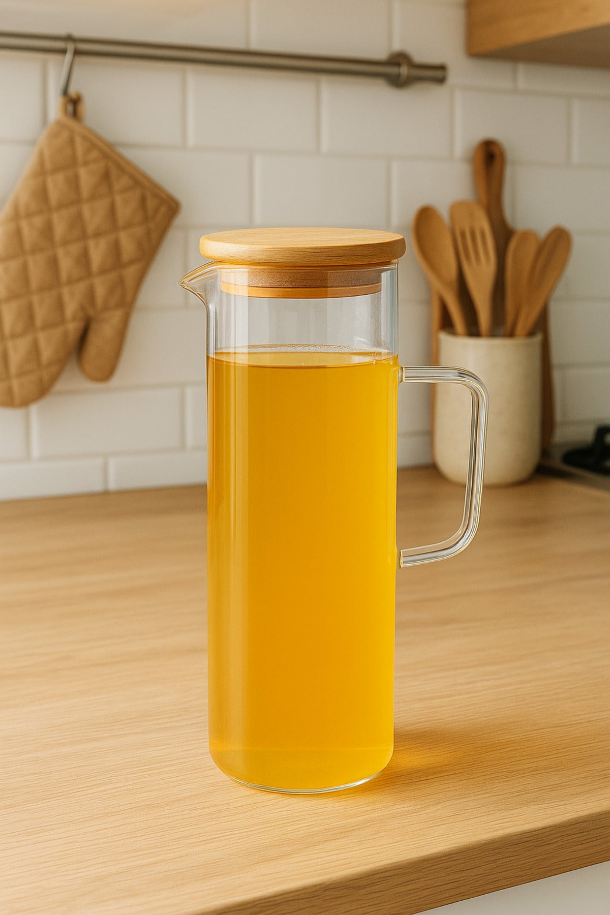 Lavino 3 Parça 400 ML Borosilikat Yağlık - Bambu Altlık Ve 2 Adet Bambu Kapaklı Cam Yağdanlık