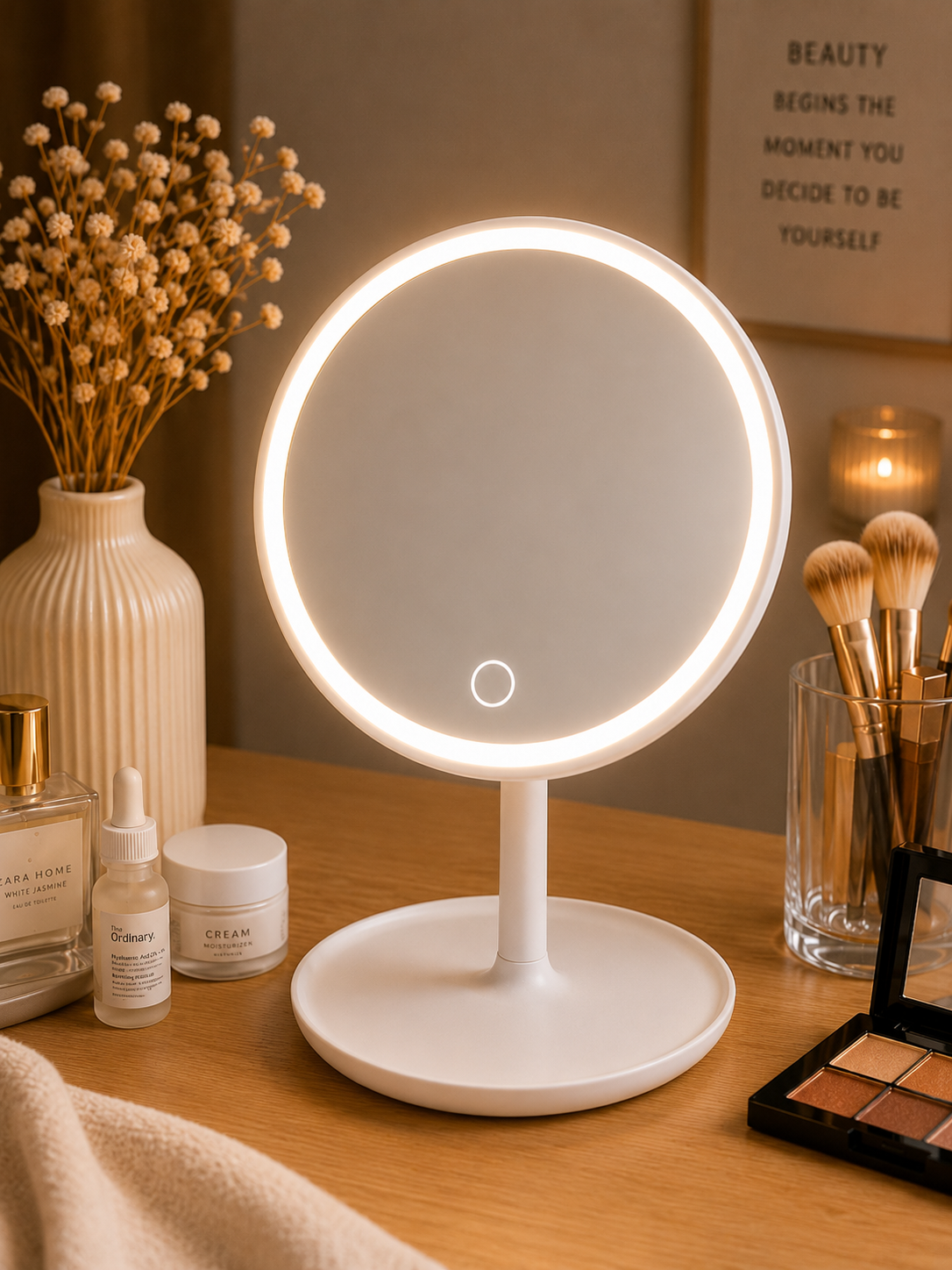 LED Işıklı Yuvarlak Makyaj Aynası Dokunmatik Masaüstü Kozmetik Aynası Şarjlı Beyaz