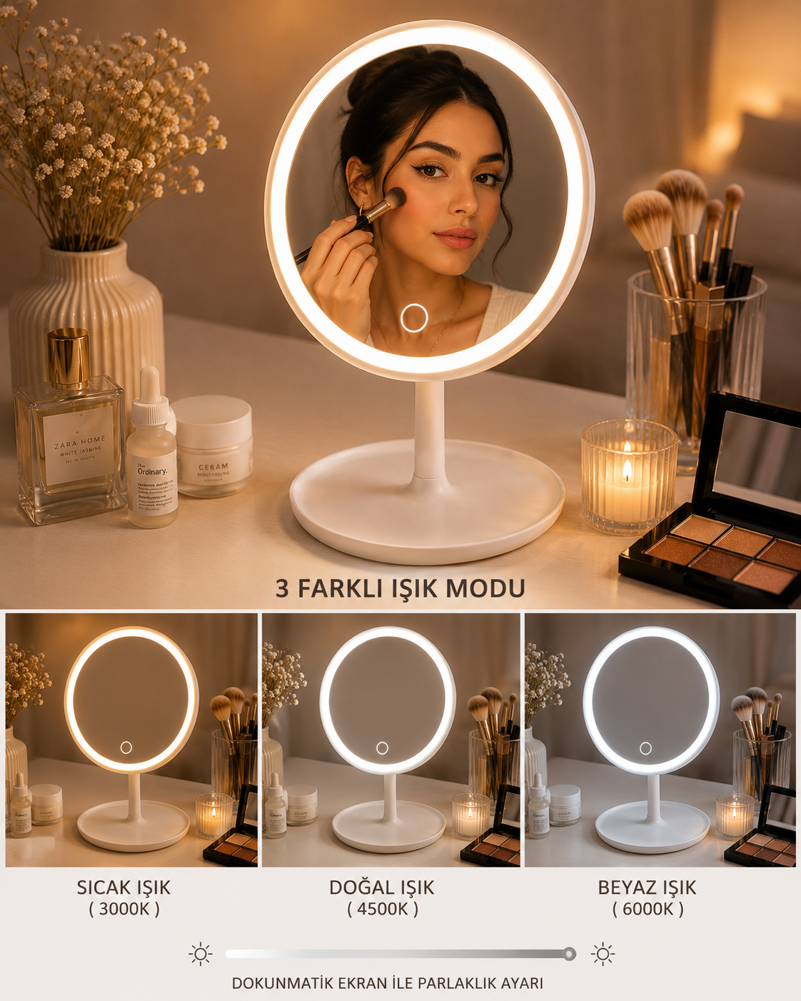 LED Işıklı Yuvarlak Makyaj Aynası Dokunmatik Masaüstü Kozmetik Aynası Şarjlı Beyaz