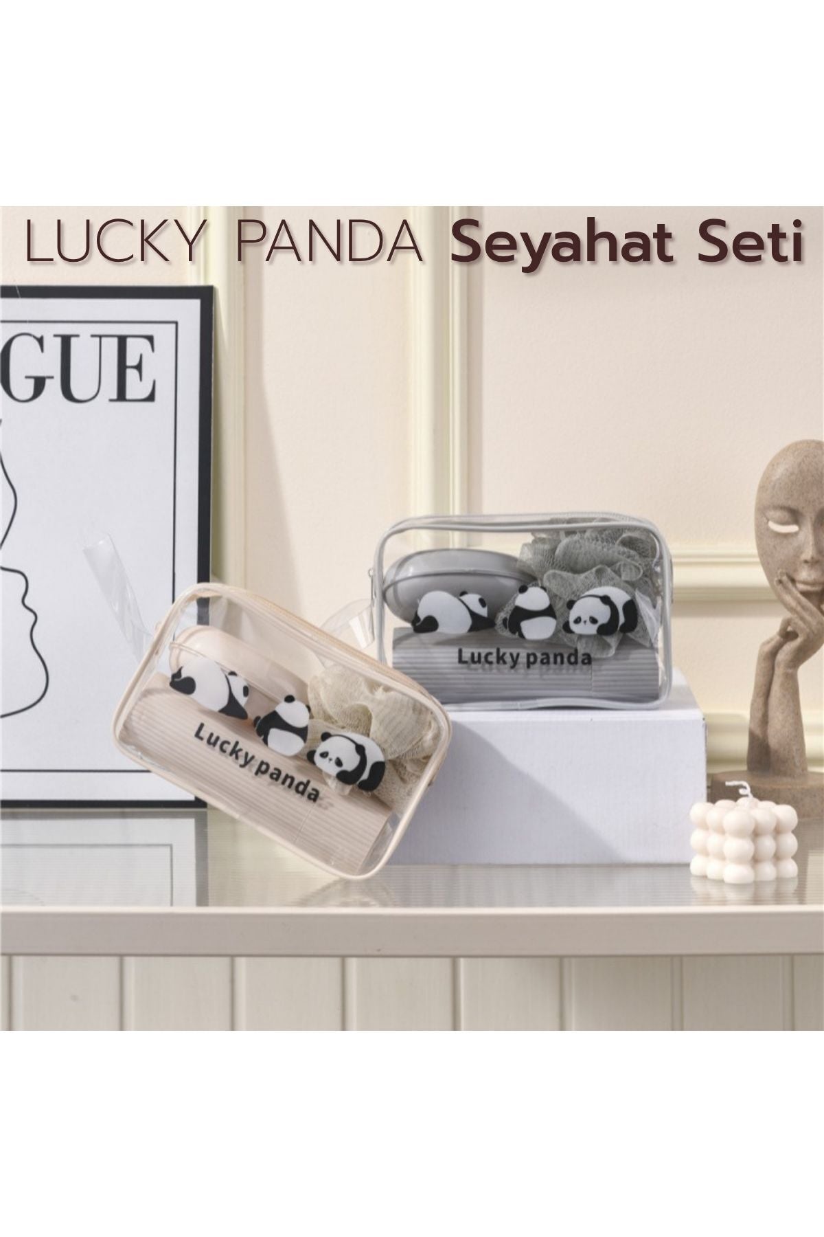 LUCKY PANDA Seyahat Seti | Şeffaf Organizer Çanta ile Duş Lifi, Sabunluk, Tarak