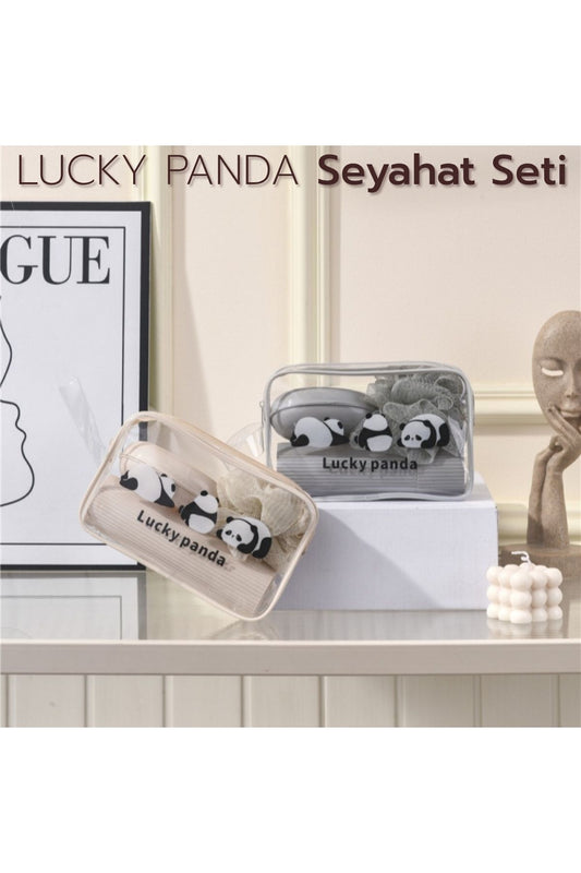 LUCKY PANDA Seyahat Seti | Şeffaf Organizer Çanta ile Duş Lifi, Sabunluk, Tarak