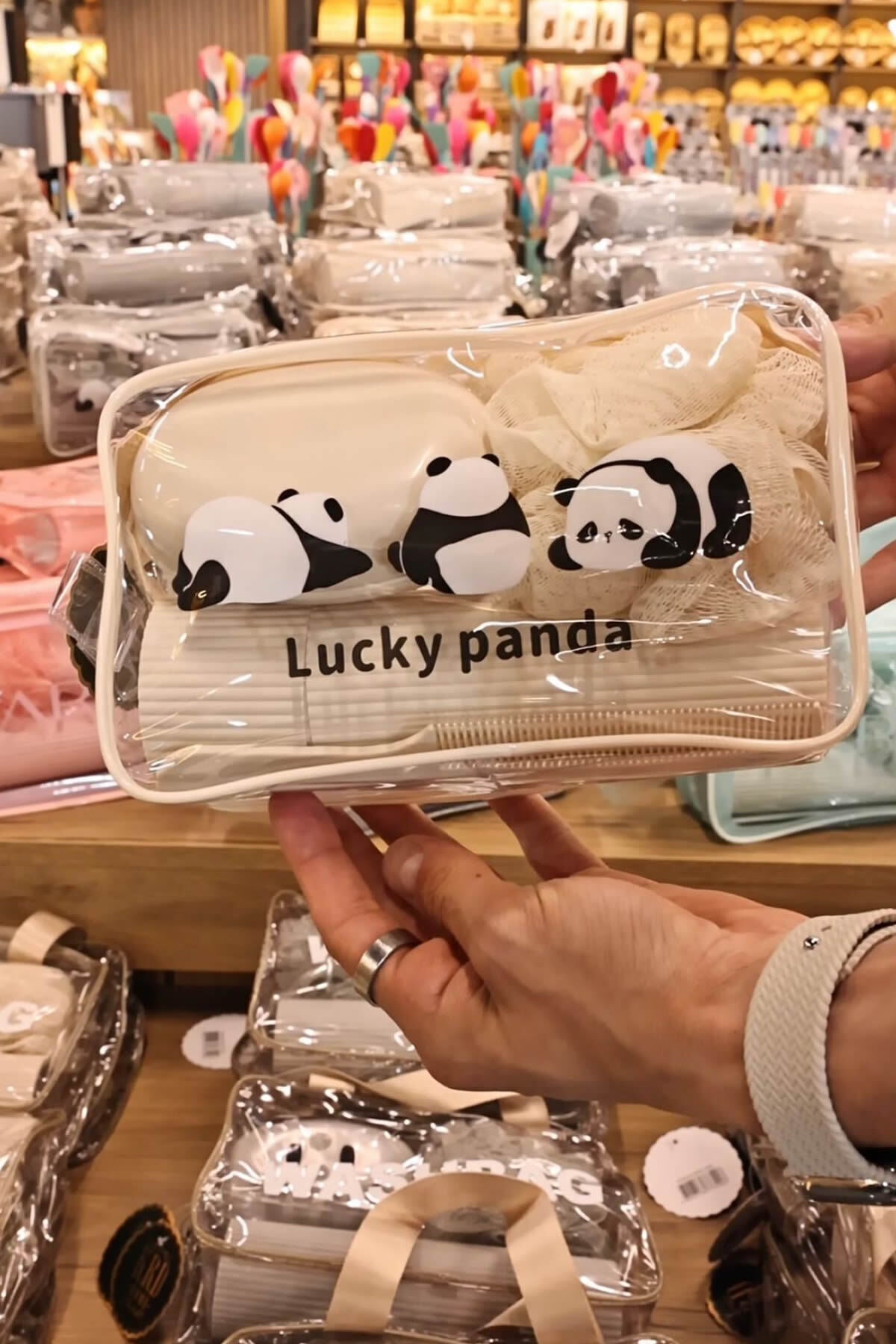 LUCKY PANDA Seyahat Seti | Şeffaf Organizer Çanta ile Duş Lifi, Sabunluk, Tarak