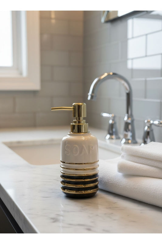 Lumina Gold Lüks Porselen Sıvı Sabunluk - Altın Çizgili Banyo Aksesuarı