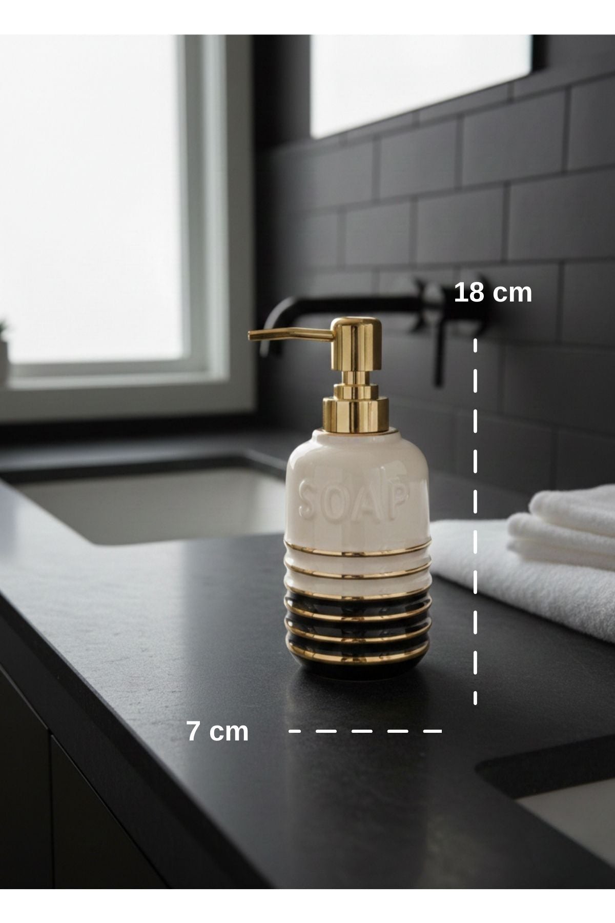 Lumina Gold Lüks Porselen Sıvı Sabunluk - Altın Çizgili Banyo Aksesuarı