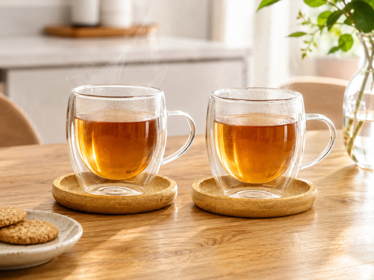 Luniva 6’lı 90 ml Çift Cidarlı Cam Kahve Fincanı Seti – Bambu Altlıklı Espresso ve Çay Bardağı
