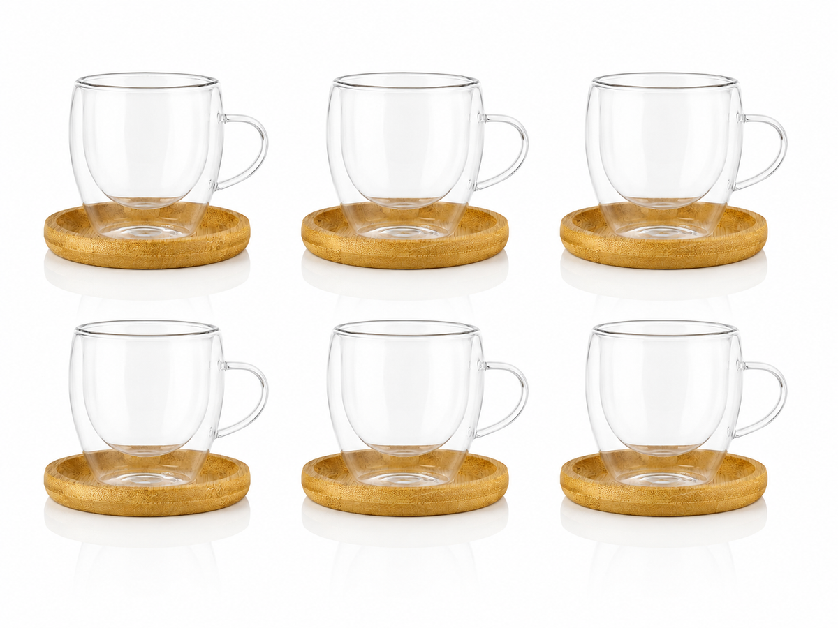 Luniva 6’lı 90 ml Çift Cidarlı Cam Kahve Fincanı Seti – Bambu Altlıklı Espresso ve Çay Bardağı