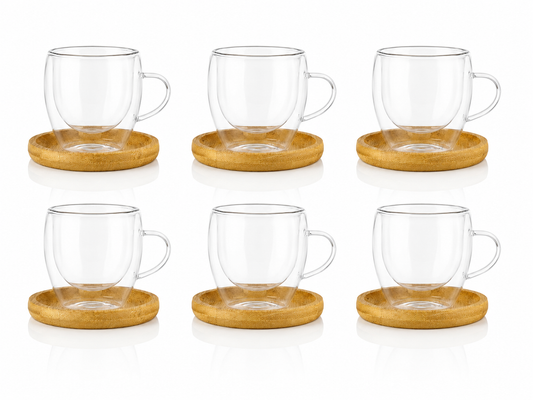 Luniva 6’lı 90 ml Çift Cidarlı Cam Kahve Fincanı Seti – Bambu Altlıklı Espresso ve Çay Bardağı