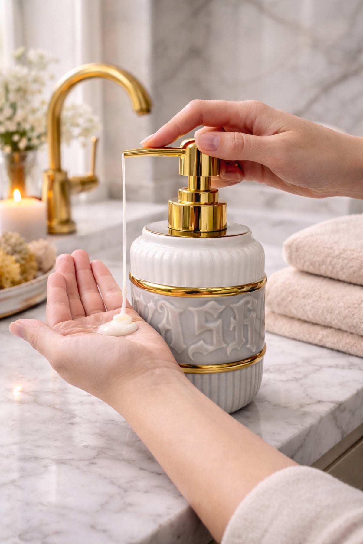 LUXURY Gold Detaylı Beyaz Porselen Sıvı Sabunluk – Gold Başlıklı Banyo & Lavabo Sabunluk