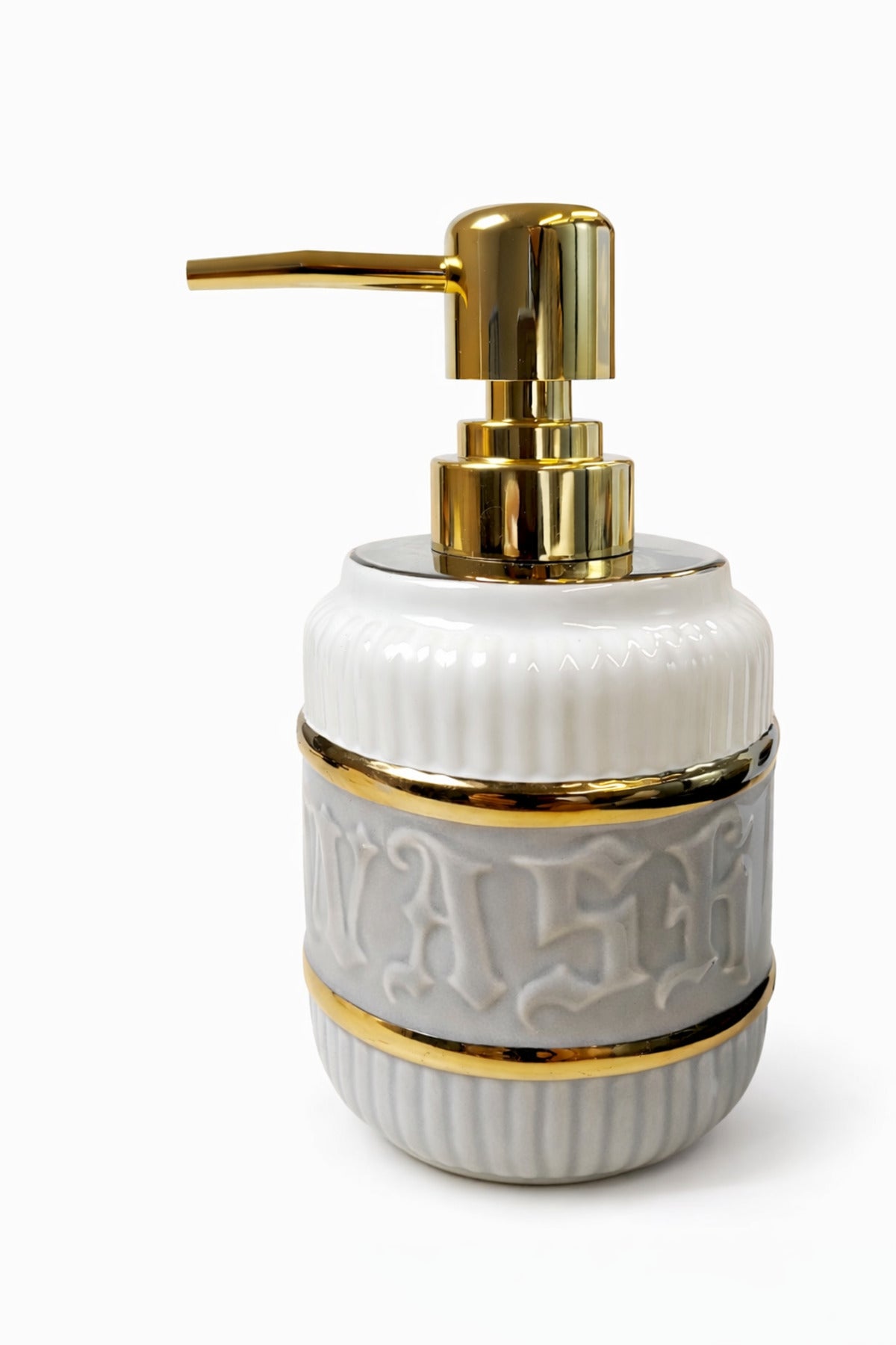 LUXURY Gold Detaylı Beyaz Porselen Sıvı Sabunluk – Gold Başlıklı Banyo & Lavabo Sabunluk