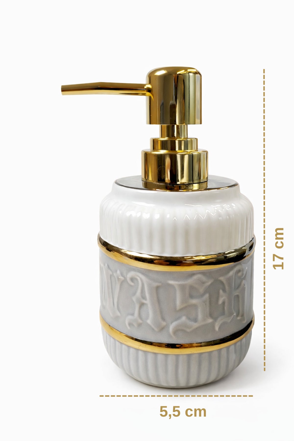 LUXURY Gold Detaylı Beyaz Porselen Sıvı Sabunluk – Gold Başlıklı Banyo & Lavabo Sabunluk
