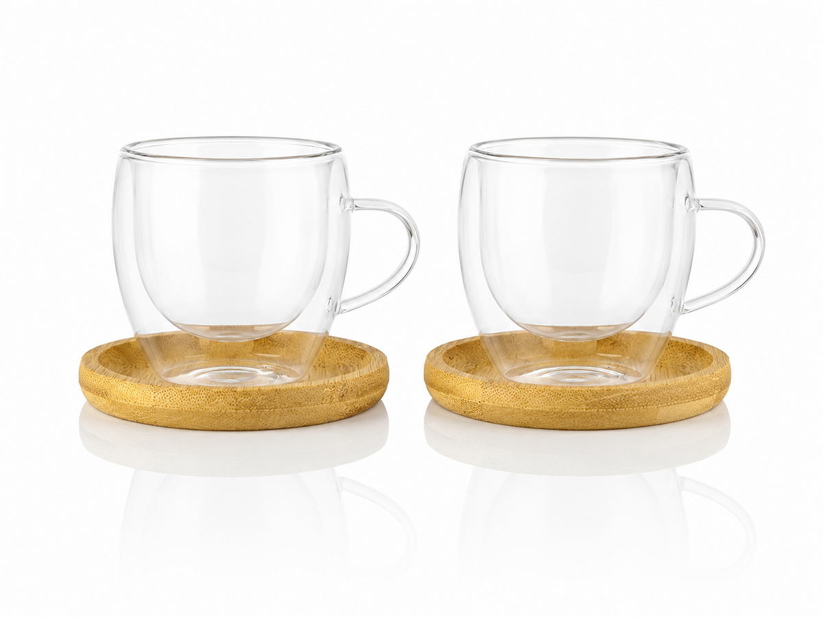 Luniva 2’li 90 ml Çift Cidarlı Cam Kahve Fincanı Seti – Bambu Altlıklı Espresso ve Çay Bardağı
